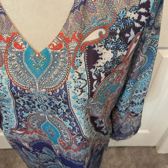 Chicos Size M V-Neck Paisley Print Tunic Top - Blue - Picture 4 of 15